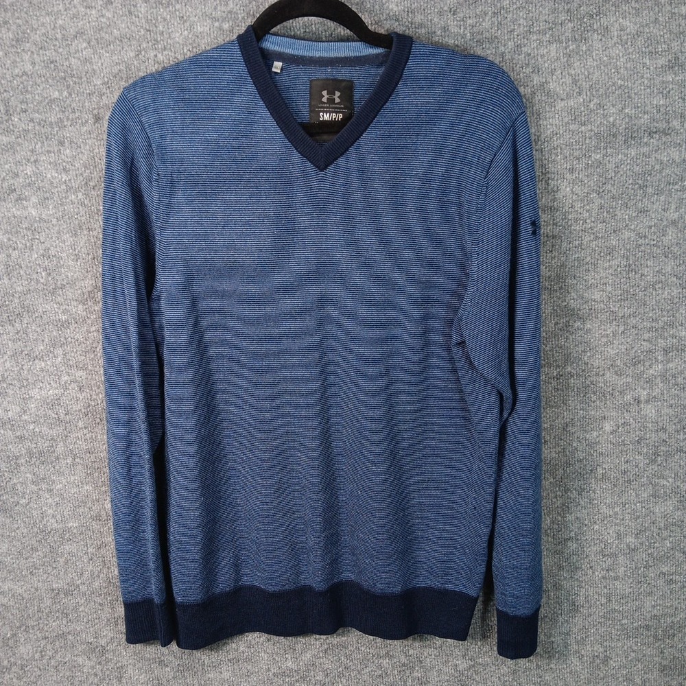 Under Armour V Neck Sweater Mens Small Blue Long Sleeve Pullover Logo Golf